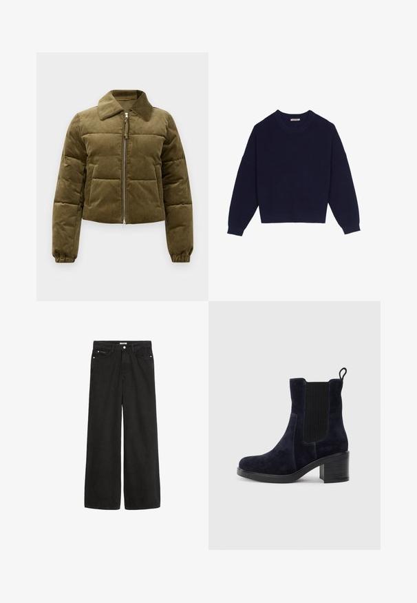 Oliivroheline korduroy puffer jakk lühikese disainiga, krae, lukuga sulgemine ja elastsete mansettidega. Omab tikitud paneelide detailide esteetikat.; Tumesinine kudumispusa, millel on sooniktekstuur, ümmargune kaelus, langenud õlad ja lühikene hem. Pehme kangas, pikad varrukad.; Laiad mustad teksased kõrge vöökohaga. Omab viit taskut, metallist detaile ja puhtat lõpetust. Tekstuur on sujuv ja pehme.; Tumedat siniset nahast sääre pooled saapad elastse külgpaneeliga, ümmarguse ninaga ja blokkninaga. Tekstuuriga kangas ja siledad tallad lisavad kontrasti.