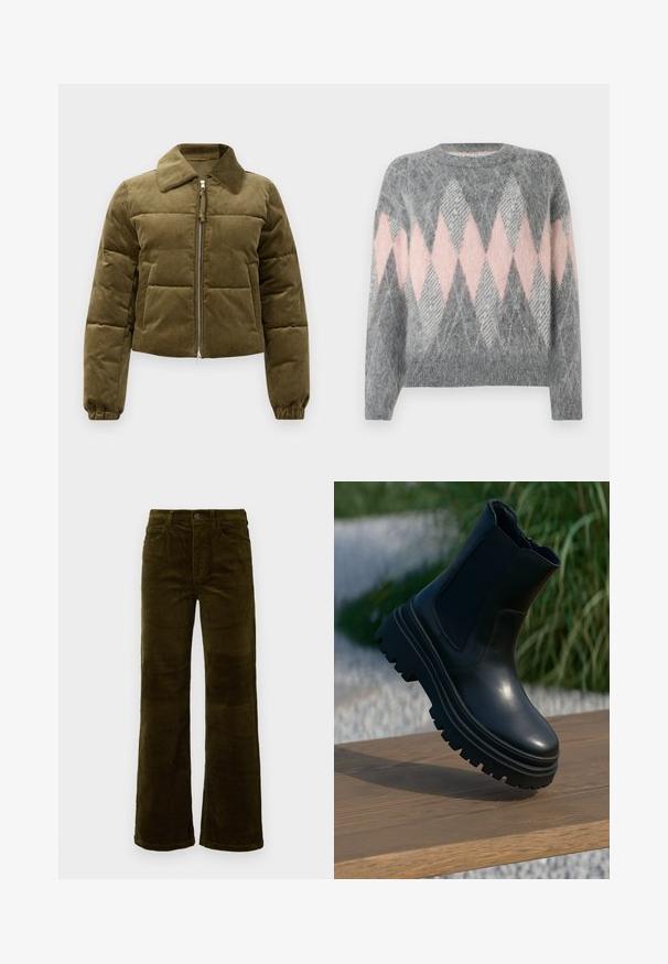 Olivengrøn kordfløjl pufferjakke med en cropped design, krave, lynlås lukning og elastiske manchetter. Har detaljer med stikningspanel.; Grå uldtrøje med et lyserødt og lys gråt diamantmønster. Rund halsudskæring og ribbestrikket bundkant. Blød tekstur, lange ærmer.; To sæt langærmede turtleneck toppe, en hvid og en sort, lavet af et glat, strækbart stof, begge med slim-fit design og høje kraver.; Fløjel flared bukser i dyb olivengrøn. Har fem lommer, en knaplukning og lodrette ribbede strukturer. Standard pasform med et klassisk design.; Sort læder ankelstøvle med en kraftig sål, elastiske sidepaneler og en glat overflade. Elevaret design med kontrasterende såldetalje.