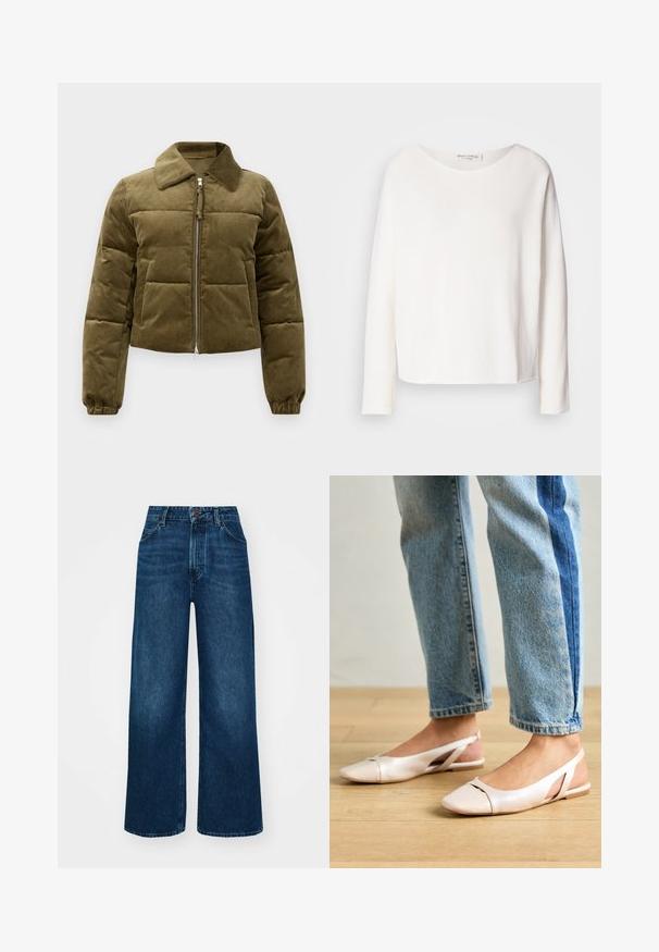 Maslinasto zeleni pufasti kaput od kordura s krojenim dizajnom, okovratnikom, zatvaranjem na rajsferšlus i elastičnim manžetama. Sadrži ušivene panele kao detalj.; Dugih rukava, majica s okruglim izrezom od mekog, laganog bijelog materijala s opuštenim krojem. Ima čistu obrub i bez vidljivih dodataka.; Traperice viskog struka i širokih nogavica tamnoplave boje s glatkom teksturom, kontrastnim šavovima i dizajnom s pet džepova. Prednje zakopčavanje na gumb.; Svijetlo ružičaste slingback balerinke s šiljastim vrhom, izrađene od glatkog materijala nalik koži. Sadrže izrezane detalje sa strane i ravnu petu.