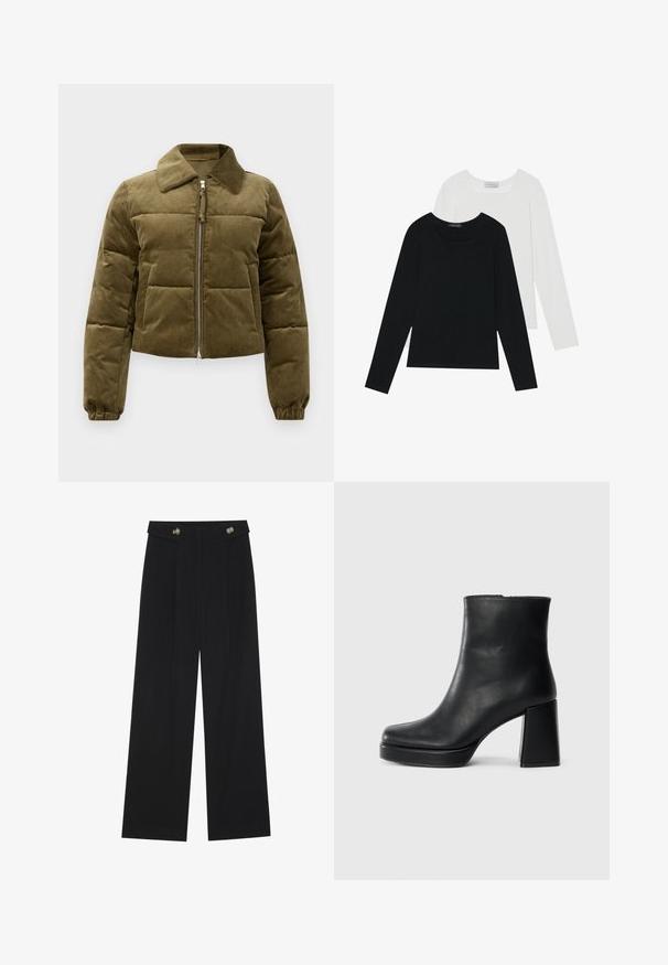 Olivengrøn kordfløjl pufferjakke med en cropped design, krave, lynlås lukning og elastiske manchetter. Har detaljer med stikningspanel.; To lange skjorter med lange ærmer, en sort og en hvid, begge med firkantet halsudskæring og lavet af blødt, strækbart stof.; Sorte vide bukser med høj talje, knapdetaljer på taljebåndet og frontfald.; Sort læder ankelstøvle med blokhæl og platformssål, set fra siden på en ensfarvet hvid baggrund.