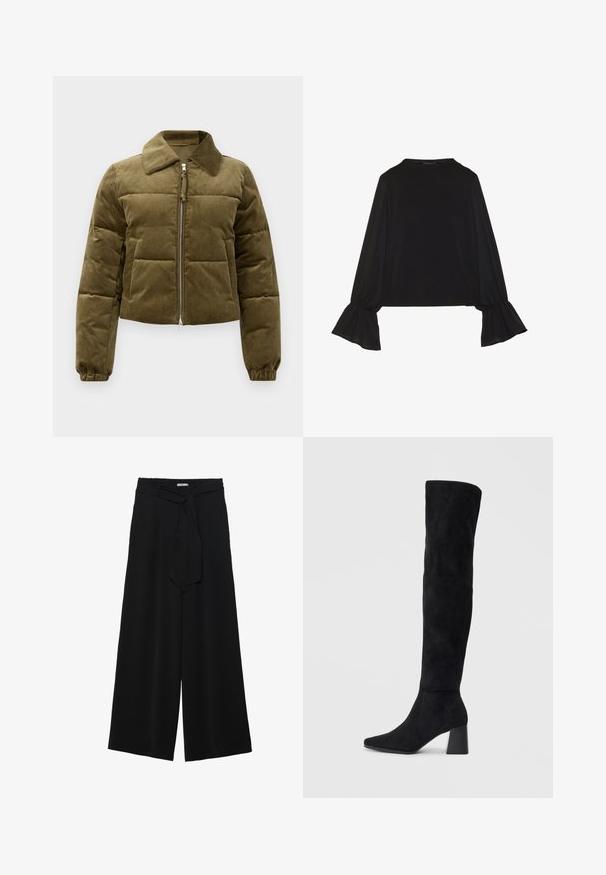 Giubbotto puffer in corduroy verde oliva con design cropped, collo a camicia, chiusura con zip e polsini elasticizzati. Presenta dettagli con pannelli cuciti.; Maglietta nera a maniche lunghe con polsini svasati, texture morbida e vestibilità rilassata, con un semplice collo rotondo.; Pantaloni neri a gamba larga caratterizzati da un tessuto testurizzato, una vita elastica e una cintura staccabile per una vestibilità regolabile.; Stivale in suede nero alto fino al ginocchio con tacco a blocco, punta affusolata e design liscio e senza cuciture su uno sfondo chiaro e semplice.