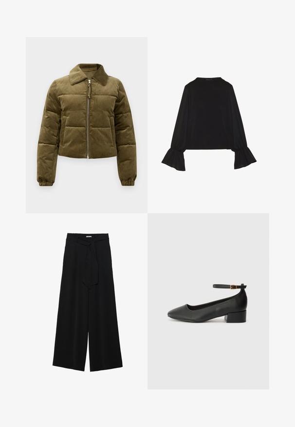 Giubbotto puffer in corduroy verde oliva con design cropped, collo a camicia, chiusura con zip e polsini elasticizzati. Presenta dettagli con pannelli cuciti.; Maglietta nera a maniche lunghe con polsini svasati, texture morbida e vestibilità rilassata, con un semplice collo rotondo.; Pantaloni neri a gamba larga caratterizzati da un tessuto testurizzato, una vita elastica e una cintura staccabile per una vestibilità regolabile.; Pump in pelle nera con punta affusolata e tacco basso a blocco. Presenta una cinghia alla caviglia con una fibbia in tonalità oro. Texture liscia.
