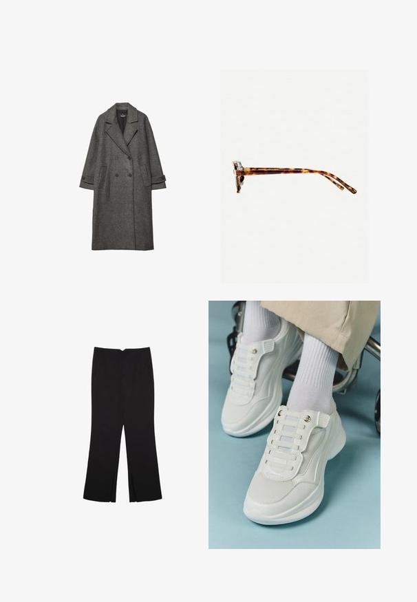 Sivi plašč iz volnene mešanice z dvojnim zapenjanjem, širokimi reverji, dvema sprednjima žepoma in zavihanimi manšetami. Teksturirana tkanina s ribjo kostjo.; Črn brez rokavov crop top, izdelan iz gladkega materiala, z okroglim izrezom in čistim, preprostim dizajnom brez vzorcev ali dodatkov.; Črne hlače ravnega kroja z naglavnimi žepi in stranskimi razporki na robu. Narejene iz mehke, gladke tkanine. Primerne za različne priložnosti.; Bele teniske z mrežastim materialom, gumene podplate, brez vezalk, z elastikami in zlatimi akcenti.; Sončna očala iz želvosliva z debelimi okvirji, rahlo ukrivljenimi nogicami in gladko teksturo. Imajo klasičen dizajn z sijočim finišom.