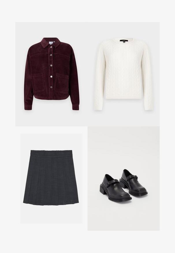 Bordeaux košeľa z kordu s golierom, zapínaním na prednej strane a dvoma veľkými vreckami na nášivku. Má textúrovanú tkaninu a skrátený strih.; Biely sveter s pleteným vzorom, ktorý má dlhé rukávy, okrúhly výstrih a ozdobný perlový prvok na golieri. Mäkko sa nosí a je priliehavého strihu.; Tmavošedá skladaná sukňa s elastickým pásom, s textúrovanou tkaninou a klasickým A-línkovým strihom. Vhodná na neformálne nosenie.; Čierne kožené topánky s okrúhlou špičkou, plochou podrážkou a remienkom s detailom pracky. Hrubý blokový opätok pre väčšiu stabilitu.
