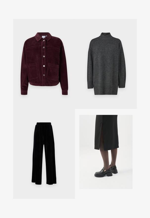 Tumedast punane korduroojakk, millel on krae, esine nupulukuga ja kaks suurt paigaldustaskut. Omab struktuurset kangast ja kroobitud lõiget.; Tumehall, ülemõõdus kõrge kaelusega kootud kampsun pehme kudumisega, pikkade varrukatega ja sooniku äärisega; sile tekstuur, minimalistik disain.; Mustad laiad püksid, mis on valmistatud pehmest sametist, elastse vöökoha ja siledaga, ilma nähtavate detailide või mustriteta.; Mustad mustad jalatsid ümmarguse varbaga, paksu plokkniidi ja elastsete külgdetailidega, kombineeritud tumedate sukkade ja musta lõhikuga seelikuga.