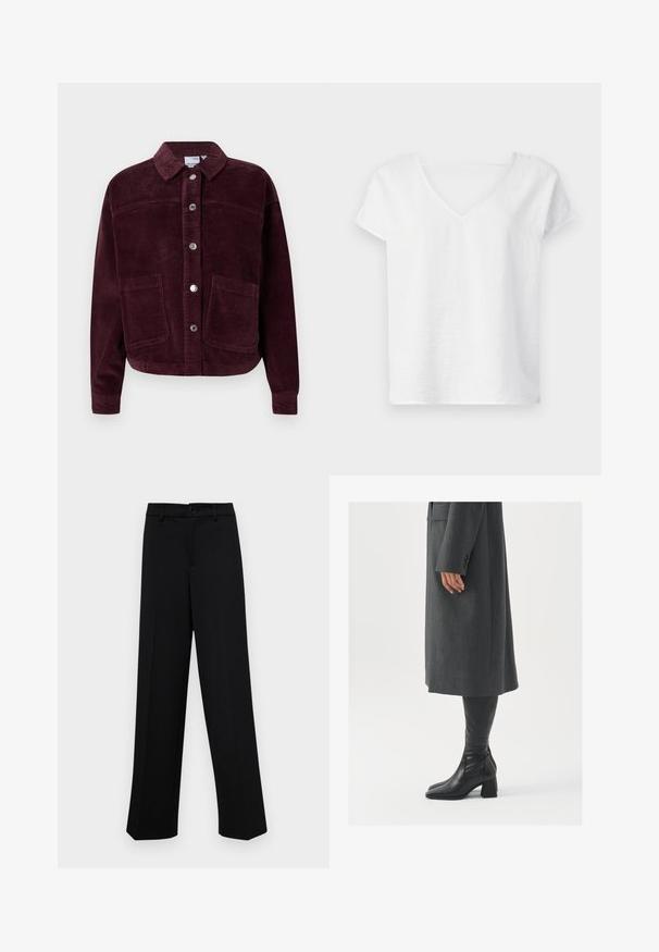 Corduroy jacket in burgundy with a collar, front button closure, and two large patch pockets. Features textured fabric and a cropped fit.; White linen shirt with a relaxed fit, short sleeves, and a V-neck design. Features a slightly textured surface and side slits for ease of movement.; Black wide-leg trousers made of smooth fabric, featuring a classic waistband with a button closure and front pleats.; Gray, tailored overcoat with a straight cut; paired with knee-high black leather boots featuring a square toe and chunky heel.