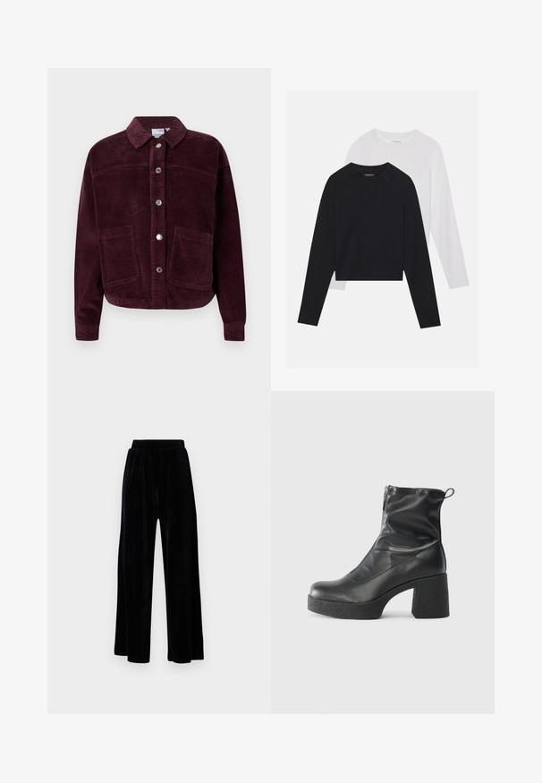 Burgunderfarbige Cordjacke mit Kragen, vorderem Knopfverschluss und zwei großen aufgesetzten Taschen. Aus strukturiertem Stoff und im cropped Schnitt gefertigt.; Zwei langärmelige Hemden: eines schwarz und eines weiß. Beide haben einen Rundhals, Raglanärmel und bestehen aus einem weichen Baumwollmischgewebe.; Schwarze weit geschnittene Hose aus weichem Samt, mit einem elastischen Bund und einer glatten Textur, ohne sichtbare Details oder Muster.; Schwarze Stiefeletten aus glattem Leder mit seitlichem Reißverschluss, klobigem strukturiertem Absatz und runder Zehenform.