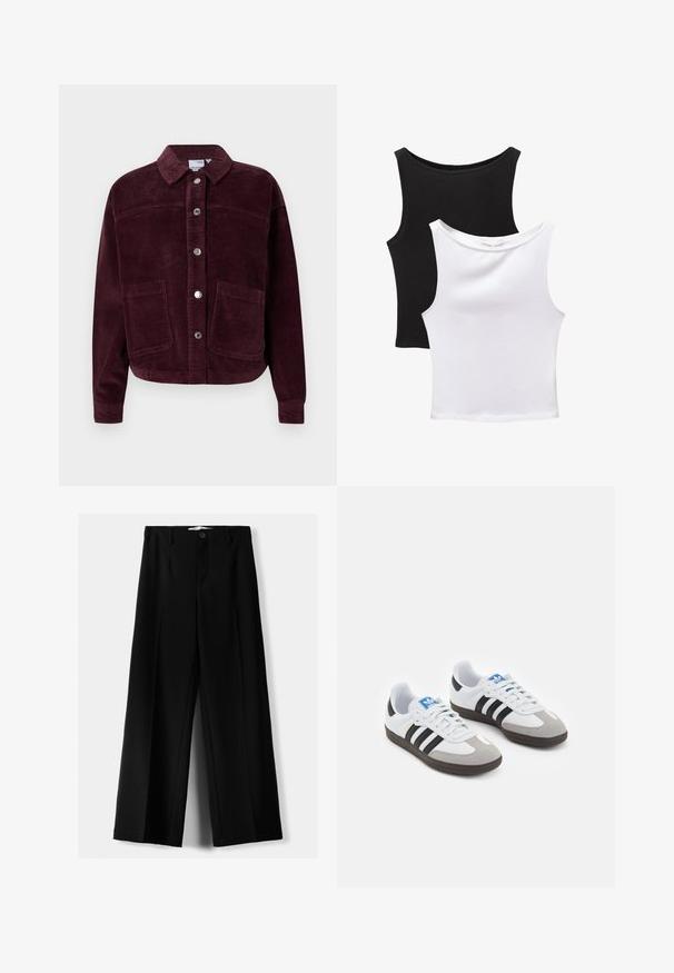 Bordeaux corduroy jack met een kraag, sluiting met voorknoop en twee grote opgestikte zakken. Heeft een textuurstof en een cropped pasvorm.; Twee mouwloze tops in zwart en wit, gemaakt van katoen. Beschikken over ronde halslijnen en een fitted ontwerp met een gladde textuur.; Zwarte wijde broek van lichtgewicht stof, met een knoopsluiting aan de voorkant en een vlakke achterkant, afgewerkt met keurig gestikte zoom.; Sportschoenen met een witte leren bovenkant, grijze suède neus en drie zwarte strepen. Bevat een blauw logo op de tong en een gestructureerde rubberen zool.