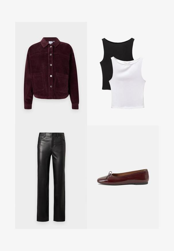 Burgundy cordfløjljakke med krave, foran knaplukning og to store påsyede lommer. Har tekstureret stof og en cropped pasform.; To sorthulene toppe i sort og hvid, lavet af bomuld. Har rundet halsudskæring og en tætsiddende pasform med glat tekstur.; Sorte læderbukser med lige snit, der har knaplukning og forlommer. Glat tekstur med diskrete stikninger.; Bordeaux patentlæder balletflad med rund tå, lille sløjfeaccent foran og en lav, sort gummisål. Glat tekstur.