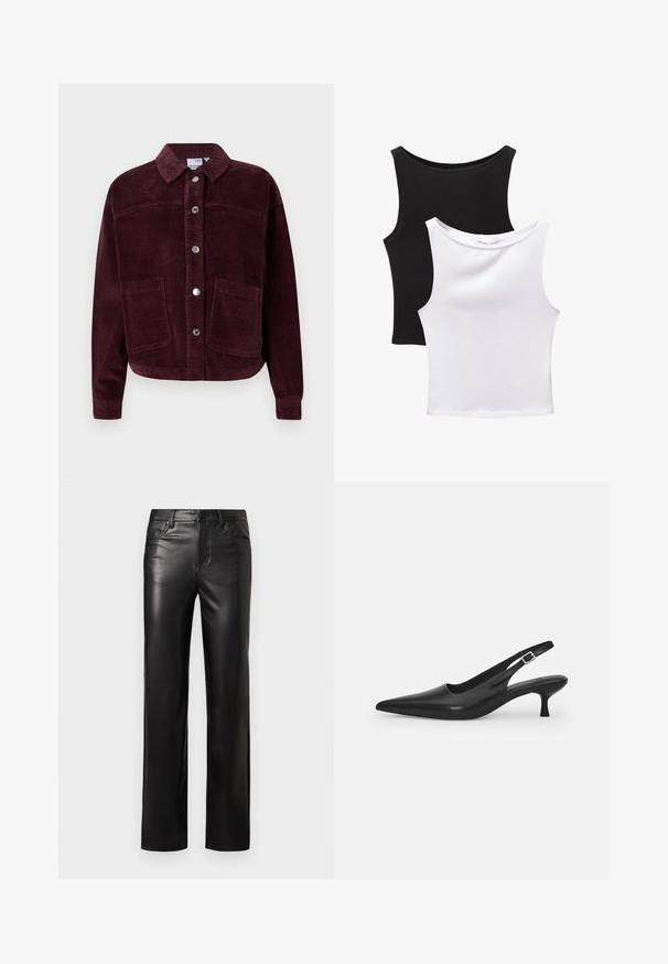 Burgundi kord kabát, gallérral, elöl gombos záródással és két nagyméretű folt-zsebel. Jellemzője a texturált anyag és a rövidített fazon.; Két ujjatlan felső fekete és fehér színben, pamutból készült. Kerek nyakú és testhez simuló fazonnal rendelkezik, sima textúrával.; Fekete bőr nadrág egyenes szabással, gombos záródással és elülső zsebekkel. Simább textúrával és diszkrét varrási részletekkel rendelkezik.; Fekete bőr szandálcipő hegyes orral és karcsú, ívelt sarokkal. Diszkrét, állítható pánttal rendelkezik, fém csattal.