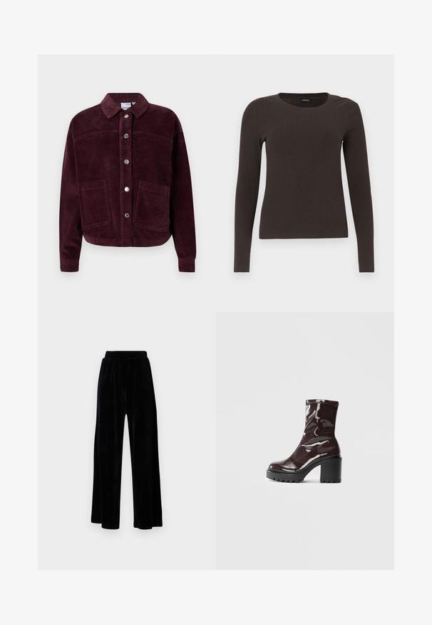 Burgunderfarbige Cordjacke mit Kragen, vorderem Knopfverschluss und zwei großen aufgesetzten Taschen. Aus strukturiertem Stoff und im cropped Schnitt gefertigt.; Braunes, langärmliges, geripptes Oberteil mit Rundhalsausschnitt. Hergestellt aus einem glatten, dehnbaren Material, mit einer taillierten Silhouette und minimalen Details.; Schwarze weit geschnittene Hose aus weichem Samt, mit einem elastischen Bund und einer glatten Textur, ohne sichtbare Details oder Muster.; Glatte bordeauxrote Ankle Boots mit einem klobigen schwarzen Absatz, die eine glatte Oberfläche und ein einfaches Design aufweisen. Keine sichtbaren Verschlüsse oder Muster.