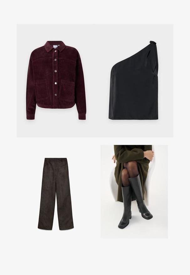 Giacca in corduroy bordeaux con colletto, chiusura frontale con bottoni e due ampie tasche applicate. Presenta un tessuto testurizzato e una vestibilità corta.; Top nero a spalla unica realizzato in tessuto liscio, con un dettaglio annodato sulla spalla e una vestibilità rilassata. Design minimalista con linee pulite.; Pantaloni neri a gamba larga in tessuto morbido e liscio. Presentano tasche frontali e chiusura con zip. Design pulito senza motivi visibili.; Stivali neri in pelle alti fino al ginocchio con punta squadrata e tacco a blocco, mostrati con un modello seduto in un cappotto verde oliva. Texture liscia, dettagli minimi.