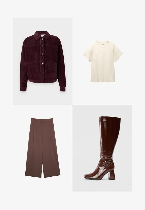Burgunderfarbige Cordjacke mit Kragen, vorderem Knopfverschluss und zwei großen aufgesetzten Taschen. Aus strukturiertem Stoff und im cropped Schnitt gefertigt.; Helles beige T-Shirt mit kurzen Ärmeln und Rundhalsausschnitt, aus weichem, glattem Stoff gefertigt. Verfügt über eine lockere Passform und einen geraden Saum.; Braune Weite-Leg-Hosen mit einer glatten Textur, hoher Taille und Vorderfalten. Der Stoff ist leicht und fällt locker.; Knöchelhohe braune Lacklederstiefel mit quadratischer Spitze, glänzender Oberfläche und stabilen Blockabsätzen. Nahtloses Design ohne sichtbare Beschläge.