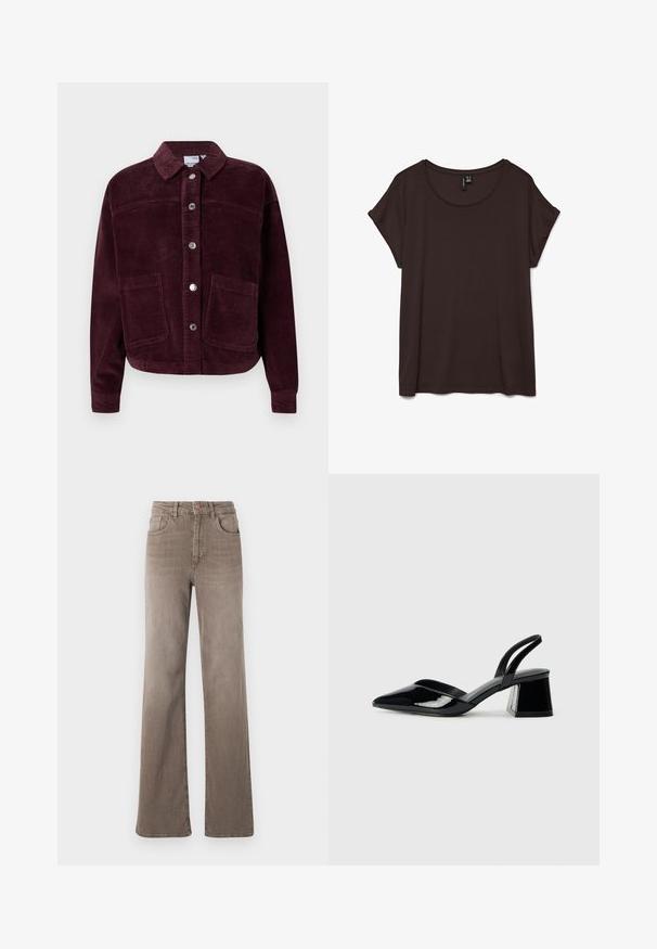 Tamsiai raudonos spalvos dėvėta švarkas, pagamintas iš kordūro, su apykakle, priekyje užsegamas mygtukais ir su dviem didelėmis kišenėmis. Išskirtinė tekstūra ir trumpas siluetas.; Tamsiai rudas trumpomis rankovėmis marškinėliai su apvaliu kaklu ir minkšta medžiaga. Yra laisvas kirpimas ir pasuktos rankovės patogumui.; Rudos aukšto liemens tiesios kojos džinsai su priekyje esančiu mygtuku, dirželio kilpomis ir klasikiniu penkių kišenių dizainu baltoje fone.; Juodos lakuotos odinės šlepetės su smailiu pirštu ir geometriniu bloko kulnu. Turi elegantišką, minimalistinį dizainą ir lygų paviršių.