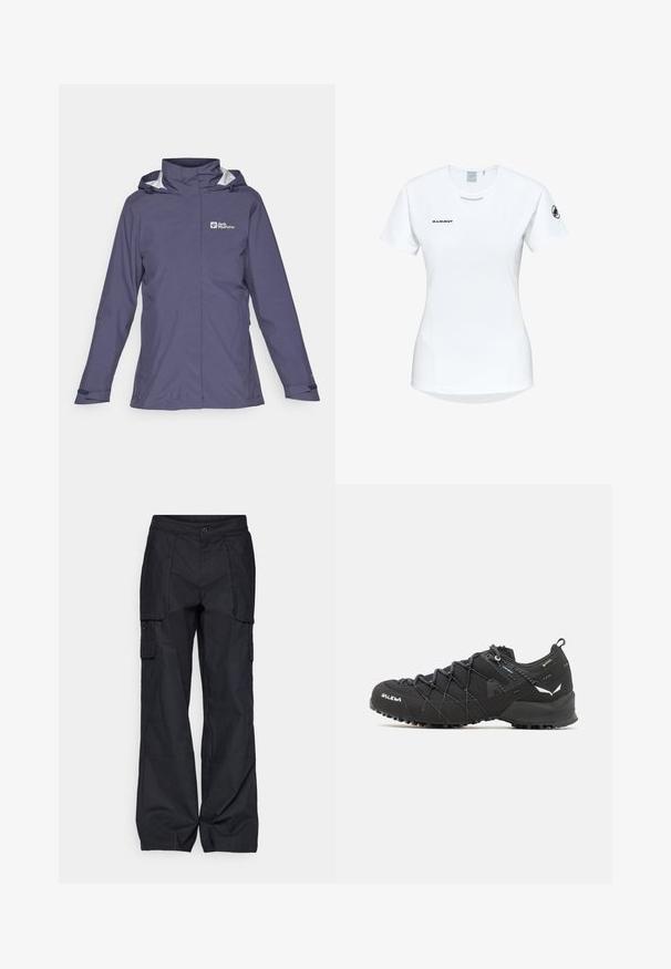 Marineblauwe waterdichte jas met een capuchon, zilveren accenten, lange mouwen en een logo op de borst. Beschikt over verstelbare manchetten en een front rits.; Korte mouwen witte sportshirt met een ronde halslijn, voorzien van een logo op de borst en een gladde, lichte stoftextuur.; Columbia BREA FALLS™ COTTON RIPSTOP PANT - Outdoorbroeken - black; Zwarte wandelschoenen met een bovenkant van textuurstof, een vetersysteem en een robuuste rubberen zool. Verfraaid met reflecterende details en logo's.