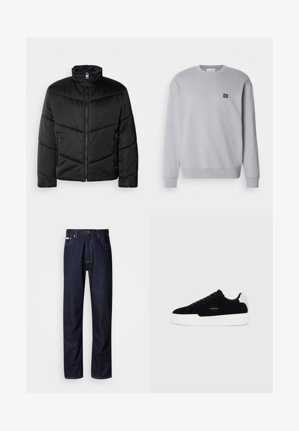 Juodas pūkinis švarkas su aukštu kaklu, užtrauktuku, įstrižais siuvinėjimo raštais ir šoninėmis kišenėmis su užtrauktukų detalėmis.; Šviesiai pilkas džemperis, pagamintas iš medvilnės mišinio. Turi ilgomis rankovėmis, apvalų iškirpimą ir mažą logotipo patch'ą ant krūtinės. Minkšta struktūra.; Tamsiai mėlynos džinsinės kelnės su tiesiomis kojomis, turinčios mygtukų užtraukimą, penkias kišenes ir kontrastingas siuvimo detales.; Juodos žemos sportinės bateliai su balta padais ir kulno juostele, susirišami priekyje, su Calvin Klein logo šone.