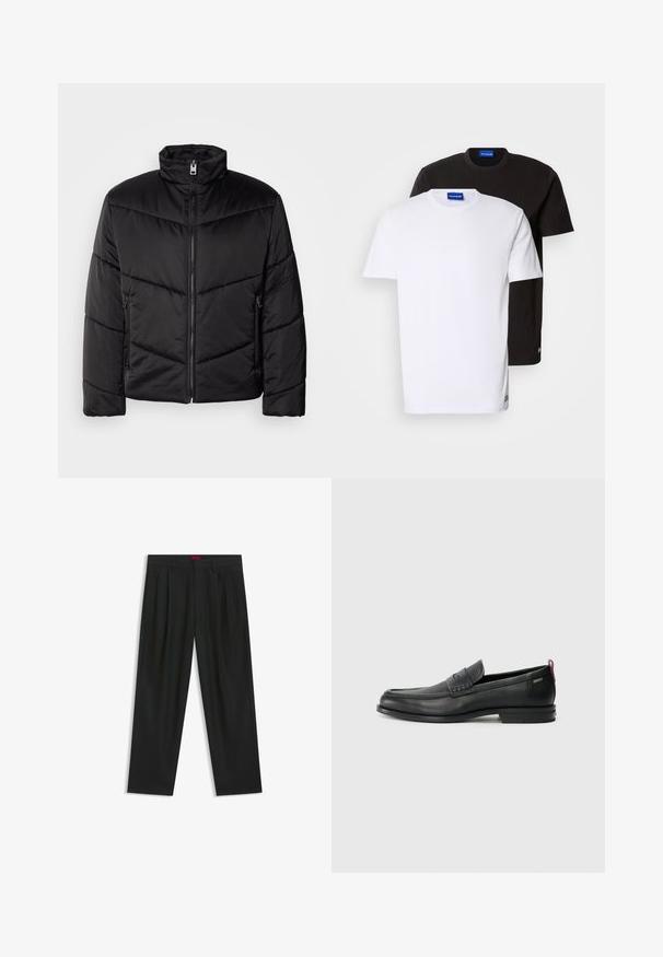 Zwarte pufferjack met hoge kraag, ritssluiting, diagonale quiltpatronen en zijzakken met ritssluitingen.; Twee T-shirts gestapeld: één witte en één zwarte. Korte mouwen, ronde halslijnen, van katoen. Heeft een klein blauw logo op de halslijn.; Zwarte broek met een geplooid ontwerp, wijde pijpen en een zachte textuur. Voorzien van een rode taillebandlabel.; Zwarte leren instappers met een textuur aan de voorkant en gladde zijden. Voorzien van een slanke hak en een lus aan de achterkant voor gemakkelijk aan- en uittrekken. Klassiek ontwerp.