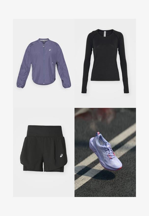 Lilla, letvægtsjakke med ståkrave, fuld lynlås og elastiske manchetter. Har sidelommer og et logo på brystet.; Langærmet skjorte i sort, lavet af blødt stof. Har rund hals og raglanærmer med tommelfingerhuller ved manchetterne. Minimalistisk design.; Sorte atletiske shorts med en åndbar mesh-overdel, indershorts med glat tekstur og et hvidt logo på venstre side.; Lys lilla løbesko med en tekstureret overdel, pink accenter, en rund snøringsmekanisme og en plettet sål, hævet over en belægning som baggrund.