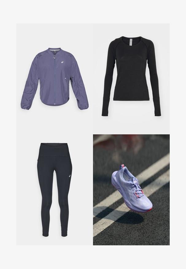 Lila, könnyű dzseki álló gallérral, teljes cipzárral és elasztikus mandzsettákkal. Oldalzsebekkel és logóval a mellen.; Fekete hosszú ujjú póló, puha anyagból készült. Kerek nyakú és rakott ujjal rendelkezik, az ujjak végén hüvelykujjnak való nyílással. Minimalista dizájn.; ASICS ROAD HIGH WAIST - Téli harisnyanadrág - performance black; Világosszürke futócipő, texturált felsőrésszel, rózsaszín díszítéssel, kerek fűzőrendszerrel és pöttyözött talppal, aszfalt háttér előtt emelve.