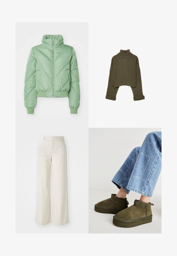 Zielona kurtka puchowa z wysokim kołnierzem, zapinana na zamek z przodu i z prążkowanymi ściągaczami. Posiada diagonalny wzór pikowania oraz krótki krój.; Stradivarius - Sweter; Spodnie o szerokich nogawkach w jasnobeżowym kolorze, wykonane z gładkiego materiału. Posiadają klasyczny pas i płaski przód z czystymi liniami.; Zielono-oliwkowe zamszowe botki za kostkę z grubą, teksturowaną podeszwą i pętelką do zakupu. Połączone z jasnoniebieskimi, zdobionymi dżinsami.