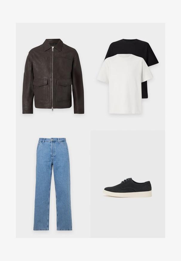 Sötétbarna bőrkabát elülső cipzárral, hegyes gallérral és két zsebel a sima fehér háttér előtt.; Pamut póló szett, amely egy fekete és egy fehér pólót tartalmaz, mindkettő rövid ujjú, környakú és normál fazonú. Texturált anyag.; Világoskék farmer egyenes szárú nadrág klasszikus öt zsebes kialakítással, elülső gombos záródással és övhurkokkal. Simaság jellemzi.; Fekete velúr fűzős cipő lekerekített orral, könnyű krém színű talppal és finom kék varrásokkal a felsőrészen.