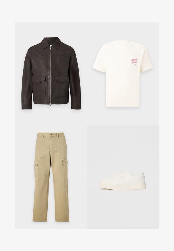 Dark brown leather jacket with front zipper, pointed collar, and two flap pockets on a plain white background.; White short-sleeve T-shirt with red text "Studio Originals Edition" on left chest, displayed on a neutral gray background.; Beige cargo pants made of cotton, featuring two side pockets, a button closure, and straight legs with a slightly textured fabric.; White slip-on sneakers with a textured surface, a thick sole, and minimalistic design. Features brand logo on the side.