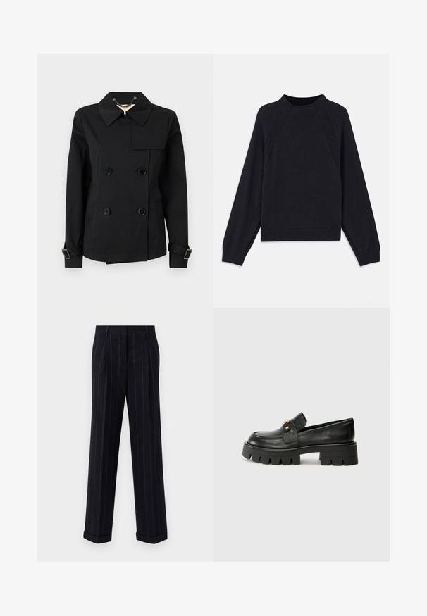 Svart doblet knyttet jakke med krage, med to frontlommer, svarte knapper og justerbare spenne detaljer på ermene.; Mørk marinblå genser med rund hals, lange raglanermer, ribbestrikkede mansjetter og rett fald. Laget av et mykt, teksturert strikkemateriale.; Svarte pinstripede bukser med en tilpasset passform, som har en oppbrett på bunnen og frontfolder. Laget av glatt stoff med en strukturert design.; Sorte skinnloafers med en kraftig såle, med en gulltoneakcent foran og en jevn finish. Kraftig mønsterdesign på sålen.