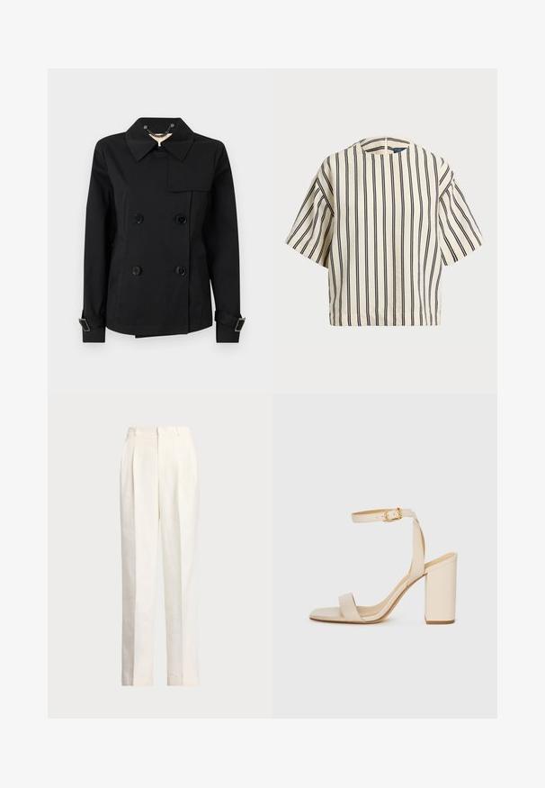 Casaco preto de botão duplo com colarinho, apresentando dois bolsos frontais, botões pretos e detalhes de fivela ajustáveis nas mangas.; Top de manga curta, riscado em creme e azul marinho, com decote redondo e design boxy em tecido texturizado.; Polo Ralph Lauren HEMP WIDE LEG PANT - Calças - nevis; Sandalha de salto alto bege com bico quadrado, tira fina no tornozelo e salto bloco. Textura de couro suave com detalhe de fivela dourada.