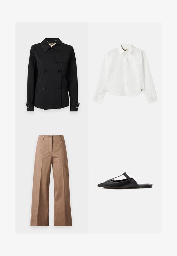 Black double-breasted jacket with a collar, featuring two front pockets, black buttons, and adjustable buckle accents on the cuffs.; White cropped long-sleeve shirt made of cotton. Features a button-up front, a chest pocket, and a small black logo on the bottom left.; Brown wide-leg trousers made from a smooth fabric, featuring a front button closure, two front pockets, and clean, tailored lines.; Black leather slingback shoe with a pointed toe, featuring a woven accent and pleated upper design. Flat sole with minimal hardware.