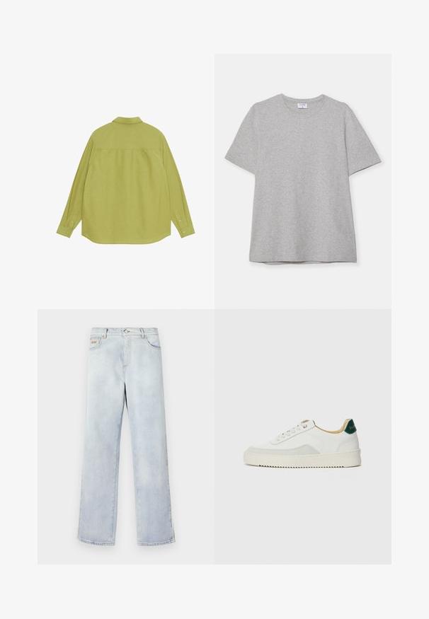 Hosszúujjú ing világoszöld anyagból, gallérral, egyenes aljjal és gombos mandzsettával. Sima textúra, minimális dizájnelemekkel.; Szürke, rövid ujjú póló, puha, texturált anyagból készült. Klasszikus környakú és egyenes fazonú, alkalmas hétköznapi viseletre.; Világoskék farmernadrág, egyenes szárú fazonnal, gombos zárással, öt zsebbel és kontrasztos varrással.; Fehér sneaker suédé részletekkel, kerek orral, lapos fűzőkkel és krémszínű gumitalppal. Zöld logó található a sarkán.