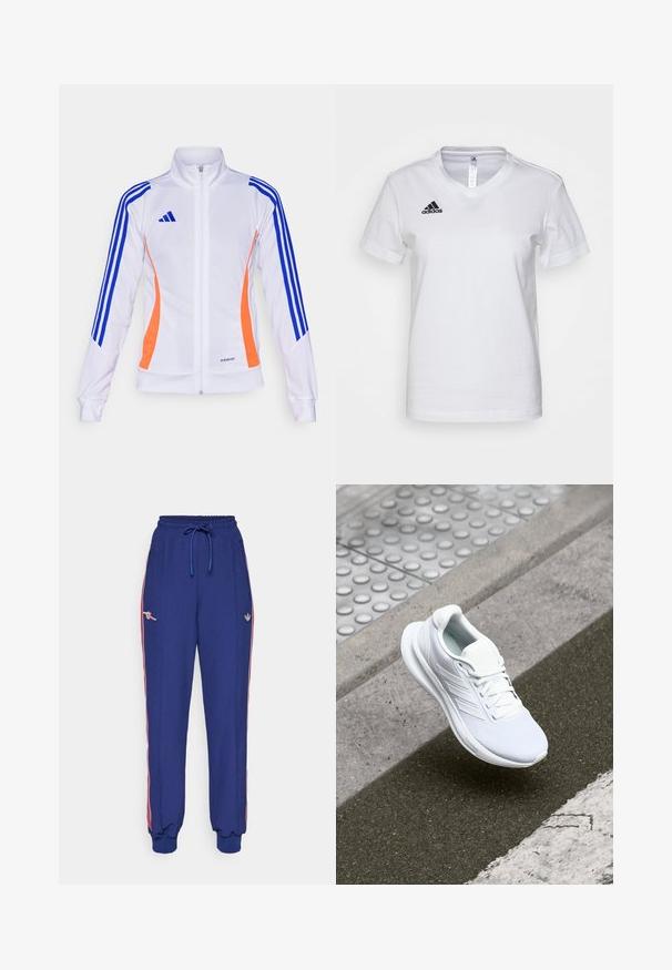 adidas Performance TIRO24 JACKET - Giacca sportiva - white/app solar red/lucid blue; T-shirt bianco in cotone con scollatura a V, maniche corte e logo Adidas nero sulla parte sinistra del petto. Tessuto liscio, vestibilità classica.; Pantaloni tuta blu con strisce laterali rosse, vita elastica con cordoncino, polsini a coste, dotati di loghi ricamati sui lati.; Scarpa sportiva bianca con tomaia in mesh, design con lacci e suola testurizzata. Dettagli di branding sottili e costruzione senza cuciture visibili.