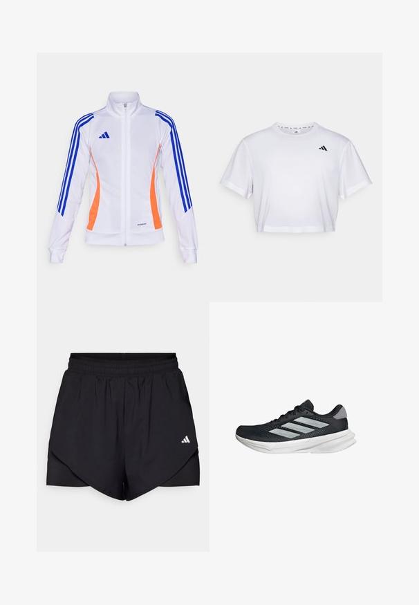 adidas Performance TIRO24 JACKET - Trainingsvest - white/app solar red/lucid blue; Witte cropped t-shirt gemaakt van zachte stof, met korte mouwen en een ronde hals. Zwart logo op de linkerborst.; Zwarte sportshorts met een gelaagd ontwerp, gemaakt van lichtgewicht stof. Voorzien van een elastische tailleband en een klein wit logo aan de zijkant.; Zwarte hardloopschoen met een mesh bovenzijde, drie zilveren strepen, witte middenzool en een gestructureerde loopzool. Heeft een gevoerde kraag en een vetersluiting.