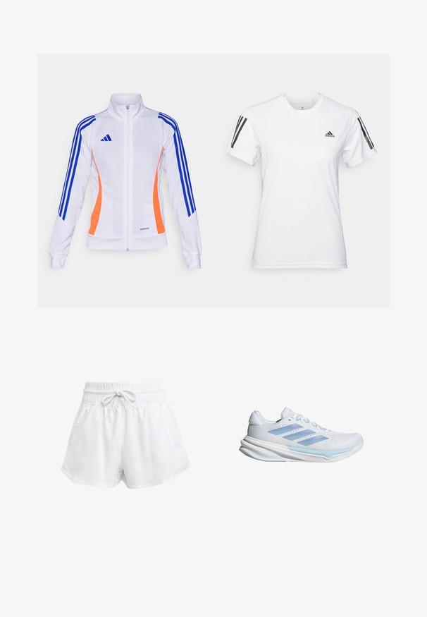 adidas Performance TIRO24 JACKET - Trainingsjacke - white/app solar red/lucid blue; Weißes Sport-T-Shirt aus glattem, leichtem Stoff. Mit schwarzen Drei-Streifen-Akzenten auf den Schultern und einem kleinen schwarzen Logo auf der Brust.; Weiße Sportschorts mit elastischem Bund und einstellbarem Kordelzug. Hergestellt aus leichtem Material, mit seitlichen Taschen und lockerer Passform.; Weiße Laufschuhe mit hellblauen Akzenten, atmungsaktives Mesh-Obermaterial, Drei-Streifen-Design, gepolsterte Sohle und strukturierte Traktionslaufsohle.