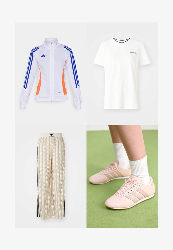 adidas Performance TIRO24 JACKET - Trainingsjacke - white/app solar red/lucid blue; Weißes Baumwoll-T-Shirt mit kurzen Ärmeln und rundem Halsausschnitt. Mit einem schwarzen Adidas-Logo auf der Brust und einem kontrastierenden schwarzen Innenkragen.; Cremfarbene, weit geschnittene Hosen mit einem Zickzackmuster, ausgestattet mit einem schwarzen Logo-Bund und seitlichen schwarzen Streifen. Leichter, strukturierter Stoff.; Helle rosa Sportschuhe mit schrägen Nähten, weißen Sohlen und drei seitlichen Streifen. Getragen mit gestreiften weißen Socken auf grünem Untergrund.