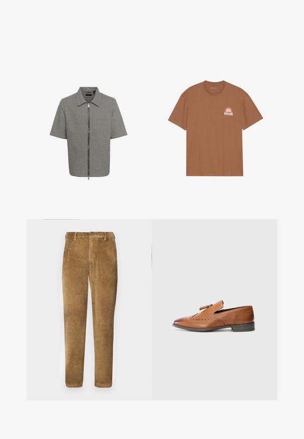 Lyhythihainen paita, jossa on musta-valkoinen ruutukuvio, vetoketjukiinnitys edessä ja kauluspaita. Sileä kangas, rento istuvuus.; Ruskea lyhythihainen t-paita, joka on valmistettu puuvillasta. T-paidassa on vasemmassa rintamuksessa vaaleanpunainen aurinkokuva ja "SOLAR"-teksti. Pyöreä kaula-aukko.; Ruskeat korduroykangas-housut, joissa on pystysuora ribbikuvio, suora leikkaus, napitus ja vyölenkit. Tasainen kangas pehmeällä pinnalla.; Ruskeat nahkakengät, joissa on reikämaalaus, teksturoitu sivu, tasapohja ja koristeellinen solmu päällä. Klassinen muotoilu, jossa on sileä pinta.