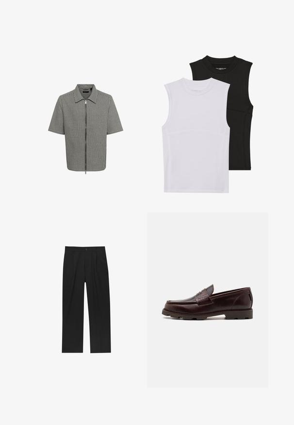 Lyhythihainen paita, jossa on musta-valkoinen ruutukuvio, vetoketjukiinnitys edessä ja kauluspaita. Sileä kangas, rento istuvuus.; Kaksi hihattomaa urheiluverkkaria, yksi valkoinen ja yksi musta, venyvää kangasta, joissa on pyöreät pääntiet ja näkyvissä sauman yksityiskohtia.; Mustat housut suoranlahkeisella muotoilulla, valmistettu sileästä kankaasta. Ominaisuuksiin kuuluu etupleateet ja yksi nappikiinnitys vyötäröllä.; Ruske nahkasaappaat, joissa on mokassinityylinen yläosa, teksturoitu ommelkoristelu ja kestävä pohja, jossa on monisuuntaiset kuvioinnit.