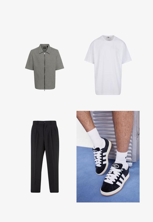 Short-sleeve shirt with a black and white checkered pattern, zip front, and a collared neckline. Smooth fabric with a relaxed fit.; White cotton t-shirt with short sleeves, rounded neckline, relaxed fit, and no visible logos or patterns. Smooth texture and minimal design.; Black trousers with a pleated front design, made from smooth fabric. Features a button closure and belt loops; straight-leg fit.; Black suede sneakers with white laces and three white stripes. Features a circular black logo on the tongue and a gum rubber sole.