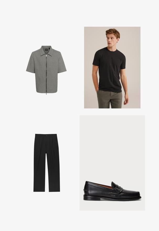 Košulja kratkih rukava s crno-bijelim kariranim uzorkom, s patentnim zatvaračem sprijeda i ovratnikom. Glatka tkanina s opuštenim krojem.; Mladić s kovrčavom svijetlosmeđom kosom, odjeven u crnu majicu kratkih rukava i sive hlače, gleda ulijevo s rukama u džepovima.; Crne hlače ravnog kroja, izrađene od glatkog materijala. Imaju prednje nabore i jedan dugme na struku.; Crne kožne mokasine s zaobljenim vrhom, prošivom detalja i dekorativnom trakom preko prednje strane. Ravni potplat s minimalnim profilom.