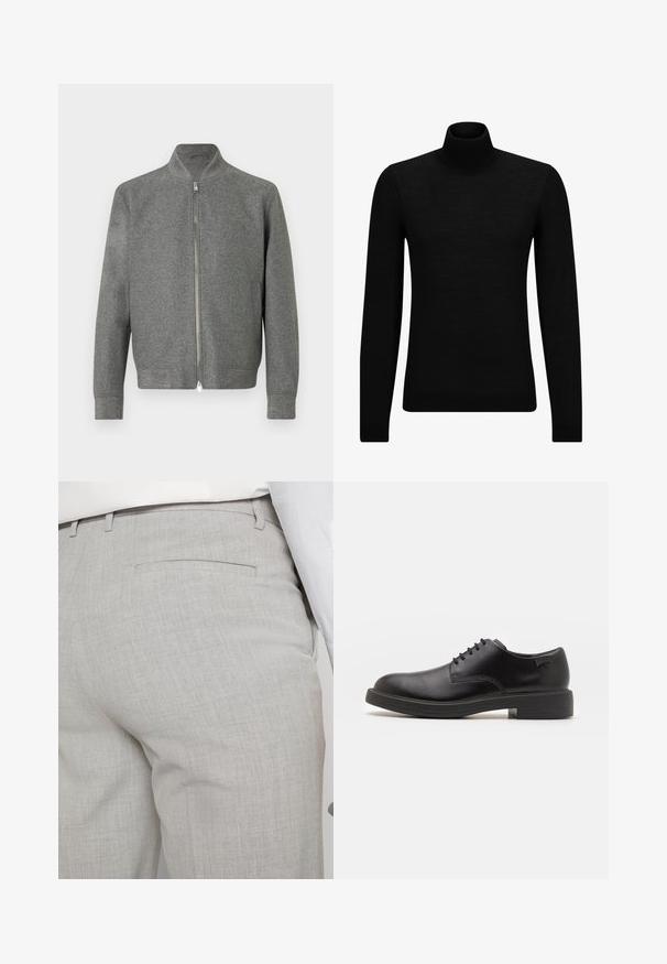 Men’s grey zip-up sweater with long sleeves and a short stand-up collar, displayed flat against a white background.; Black turtleneck sweater made of soft material, featuring long sleeves and a snug fit. Ribbed trim at the hem and cuffs. Simple design.; Light gray tailored trousers made of textured fabric, featuring a single back pocket and clean stitching.; Black leather lace-up shoe with a rounded toe, smooth texture, minimal stitching, and a low rubber heel. Logo on the heel.