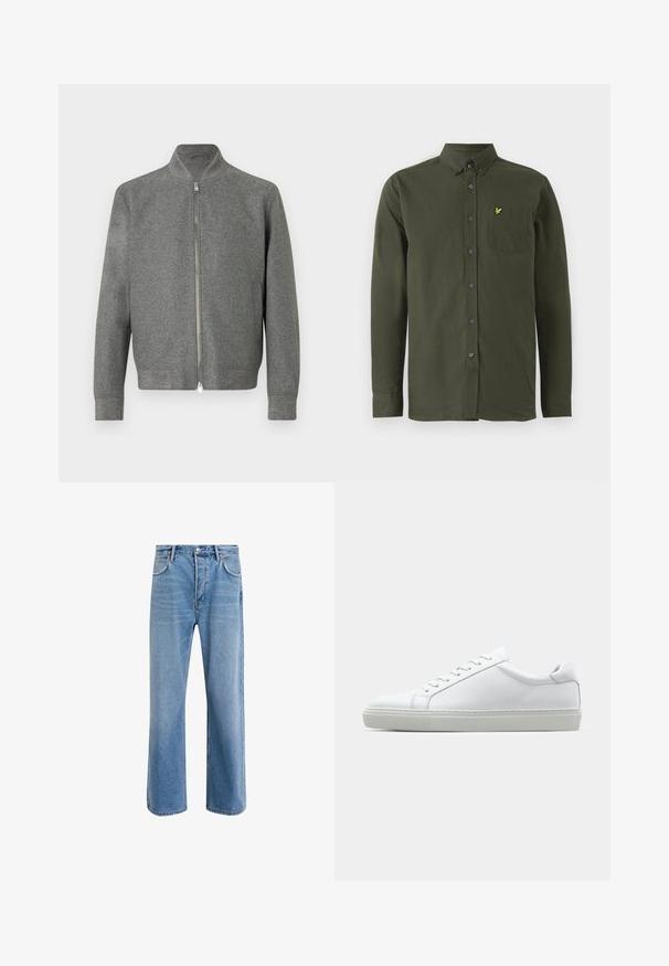 Férfi szürke cipzáras pulóver hosszú ujjal és rövid, álló gallérral, fehér háttér előtt, laposan kifeszítve bemutatva.; Sötétzöld, hosszú ujjú, gombos ing, gombolt gallérral, mellzsebvel, és egy kis sárga, hímzett madárlogóval a zseben.; Világoskék farmernadrág, egyenes szárú fazonnal, öt zsebbel, gombos záródással, minimális kopással és kontrasztos varrással.; Fehér sportcipő sima bőr felső résszel és alacsony profilsal. Kerek orr, hat fűzőlyuk és barázdált gumitalp jellemzi.