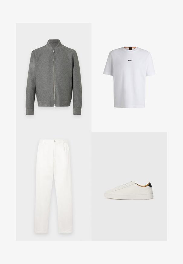 Men’s grey zip-up sweater with long sleeves and a short stand-up collar, displayed flat against a white background.; White cotton T-shirt with short sleeves, featuring a black "BOSS" logo centered on the chest and a round neck design.; White trousers made from smooth fabric, featuring a straight leg design, front pleats, and a single button closure at the waist.; White sneaker with a smooth leather upper, round toe, and flat sole. Black accent at the heel, featuring tonal laces and minimal branding.