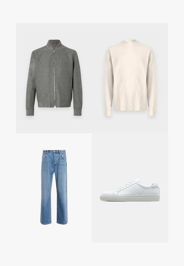 Men’s grey zip-up sweater with long sleeves and a short stand-up collar, displayed flat against a white background.; Long-sleeve, mock-neck shirt in light cream cotton. Smooth texture, relaxed fit, minimalist design, no visible patterns or accents.; Light blue denim jeans with a straight-leg design, five pockets, button closure, minimal fading, and contrasting stitching details.; White sneaker with a smooth leather upper and a low profile. Features a rounded toe, six eyelets, and a textured rubber sole.