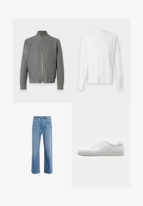 Men’s grey zip-up sweater with long sleeves and a short stand-up collar, displayed flat against a white background.; Long-sleeved white cotton shirt with a round neckline, side slits at the bottom, and a smooth texture, displayed from the back.; Light blue denim jeans with a straight-leg design, five pockets, button closure, minimal fading, and contrasting stitching details.; White sneaker with a smooth leather upper and a low profile. Features a rounded toe, six eyelets, and a textured rubber sole.