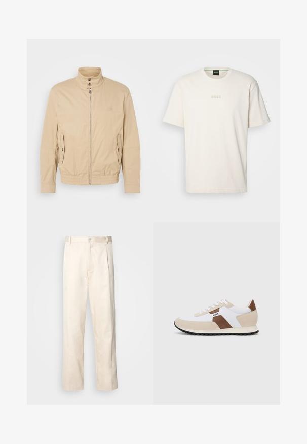 Beige kergest jakist kõrge kraega, ees lukuga, külgedel taskud ja elastsete mansettidega. Tekstuuriga kangas, millel on õrn kuma.; BOSS TEE - Lihtne T-särk - open white; Beesidised puuvillased püksid sirge jala lõikega, mis on varustatud nööpkinnituse ja ees olevate voltidega, et lisada detaili.; Tennised, millel on segu valgest võrkkangast ja beežist seemisnahast, pruun nahkaktsent. Ümar varvas, lame kummitald ja sidumisdisain.