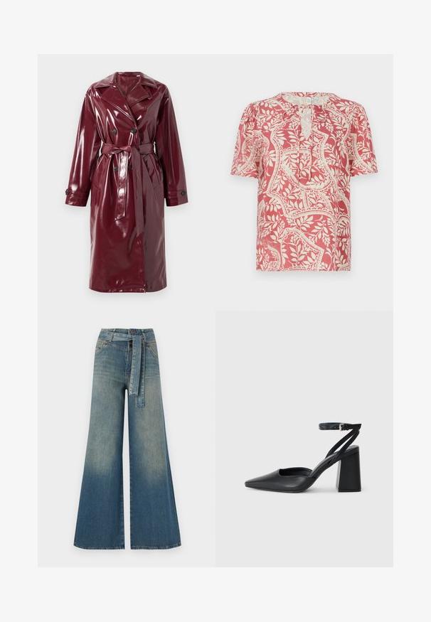 Kiiltävä bordo kaksirivinen trench coat, jossa on leveät kaulukset, vyötärövyö, sivutaskut ja nappikiinnityksellä varustetut hihansuut.; Lyhythihainen pusero vaaleanpunaisena, jossa on kermaisia kukka- ja geometrisia kuvioita. Puserossa on avainaukko kaula-aukko ja pehmeä, kevyt kangas.; Yksiväriset farkut leveällä lahkeella, joissa on vaaleasta tummansiniseen häipyvä väri, korkea vyötärö, vyölenkit ja yhteensopiva kangasvyö. Rakennefarkkujen pinta.; Mustat nahkakengät, joissa on kapea kärki, nilkkaremmi ja paksu korko. Tasainen pinta, tyylikäs muotoilu ja minimalistinen estetiikka.