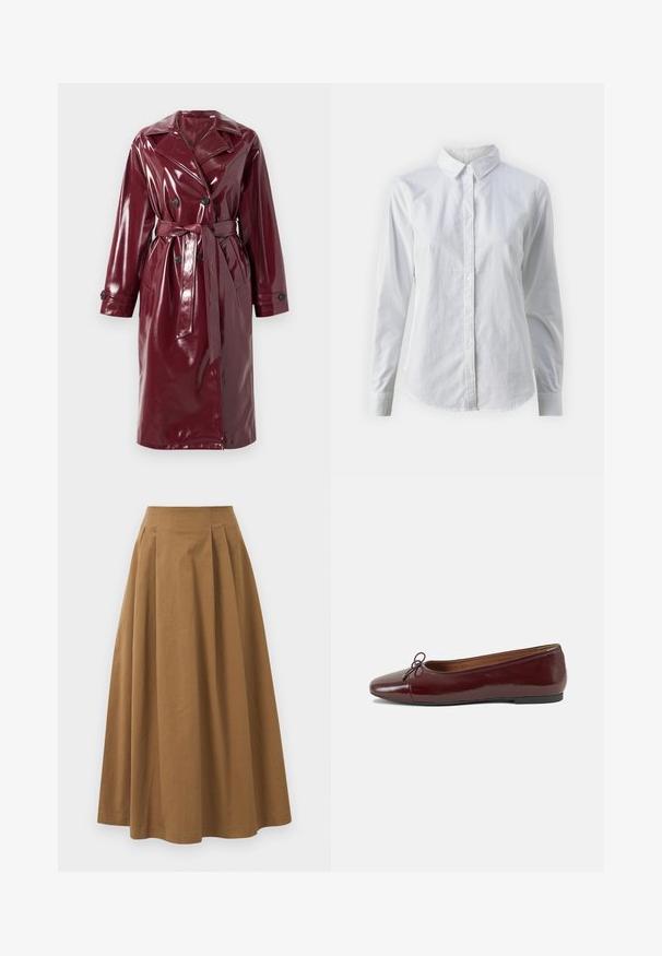 Skinnende bordeaux dobbeltbrystet trench coat med brede klapper, bæltestropp, sidelommer og knappede manchetter.; Hvid skjorte med knapper lavet af glat bomuld, der har en klassisk krave, lange ærmer og en buet kant. Knapperne er små og hvide.; Brun bomulds A-linjeet nederdel med høj talje, præget af læg foran og en glat tekstur. Endeafslutningerne er enkle og rene.; Bordeaux patentlæder balletflad med rund tå, lille sløjfeaccent foran og en lav, sort gummisål. Glat tekstur.