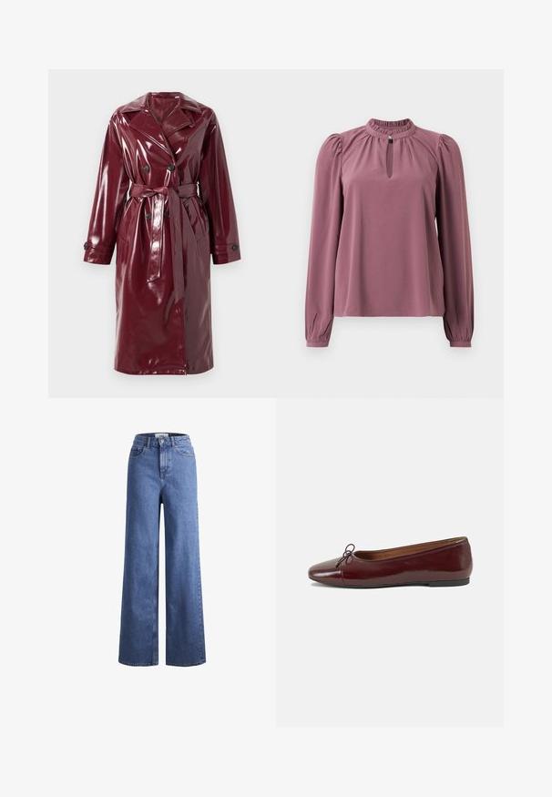 Trench coat doppio petto lucido color bordeaux con ampi revers, vita con cintura, tasche laterali e polsini con bottoni.; Blusa a maniche lunghe in malva con colletto arricciato, scollatura a chiave con chiusura a bottone e spalle leggermente gonfie.; Jeans ampia in denim azzurro chiaro con vita alta, due tasche anteriori e cuciture in vista. Presentano una chiusura con bottone e zip.; Ballerine in pelle verniciata bordeaux con punta arrotondata, piccolo fiocco decorativo sulla parte anteriore e suola bassa in gomma nera. Texture liscia.
