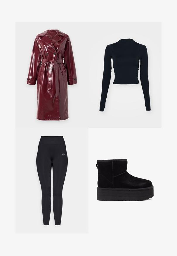 Blizgantis tamsiai raudonas dvigubos eigos paltas su plačiais atvartais, dirželiu ties juosmeniu, šoninėmis kišenėmis ir mygtukais užsegamomis rankovėmis.; Juodas ilgomis rankovėmis trumpas viršus su aukštu apykakle. Pagamintas iš lygios, prigludusios medžiagos, be matomų raštų ar akcentų.; Juodos legingos kelnės su aukštu liemeniu, pagamintos iš lygios, elastingos medžiagos. Įrangos detalė su maža logo prie liemens.; Juodi zomšiniai kulkšniniai batai su storu platformos padu ir minkštu pamušalu. Baigti siuvinėjimo akcentais ir gale esančia kilpa, skirta patogiam užsidėjimui.