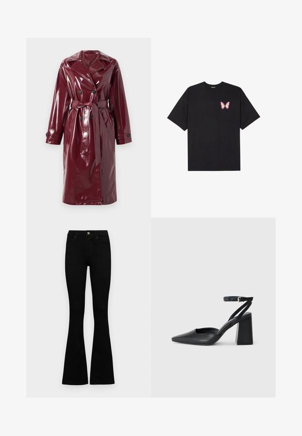 Pardoseală de marmură lucioasă, trench dublu închidere cu guler lat, talie cu curea, buzunare laterale și manșete cu nasturi.; Tricou negru din bumbac cu mâneci scurte, având pe partea stângă a pieptului un mic grafic cu un fluture roz. Design cu guler rotund și croială lejeră.; Jeans negri cu talie înaltă, cu închidere prin nasture și fermoar, buzunare frontale și picioare evazate, așezați pe un fundal alb.; Pantofii cu toc ascuțit din piele neagră, cu breteaua pentru glezne și toc gros. Textură netedă, design elegant și estetică minimală.