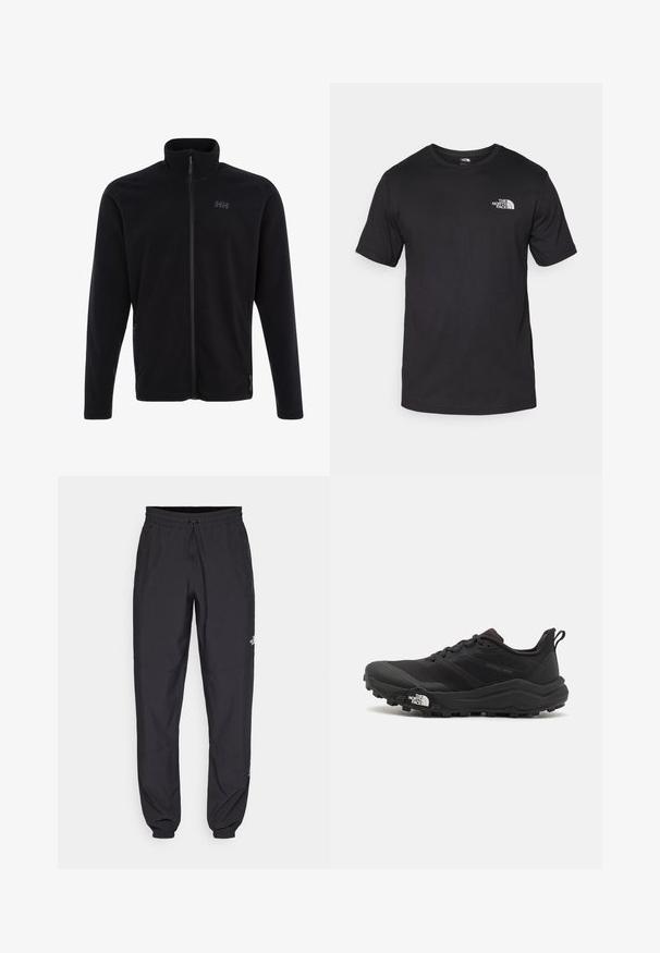 Casaco de fleece preto com gola alta e fecho completo, apresentando bolsos laterais e um pequeno logotipo no peito para um design limpo e minimalista.; T-shirt preto de manga curta feito de algodão, com um decote redondo e um pequeno logótipo branco na parte superior esquerda do peito.; Calças atléticas pretas feitas de tecido leve, com um cós ajustável por cordão, bolsos laterais e punhos afunilados nos tornozelos.; Sapatilha de trail running preta com um upper texturizado, sola de borracha e biqueira reforçada. Possui um colarinho acolchoado e uma alça para facilitar o calçar.